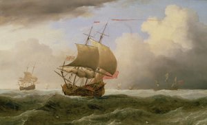 Et engelsk skip nærgående i en sterk bris (olje)